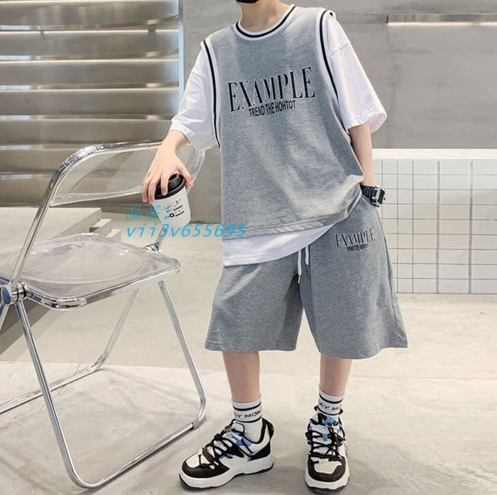 小学生 男の子 セットアップ 重ね着風 ロゴTシャツ ハーフパンツ 通学 2点セット 韓国子ども 子供服 ストリート スーツ 春夏 半袖 ダンス キッズ vii3v655695