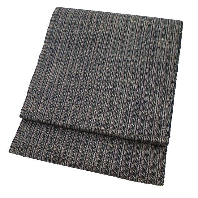 新古品 すごい値 名古屋帯 八寸 ♥ 正絹 全通 米沢 米澤 齋英織物 ぜんまい糸織 花吹雪 黒 紺 縞 カジュアル 仕立て上がり 春 秋 冬 観劇 お食事 ショッピング リサイクル すごいね みやがわ neb01544