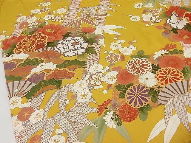 平和屋1□極上 振袖 駒刺繍 松竹梅扇面草花文 金彩 パールトーン加工