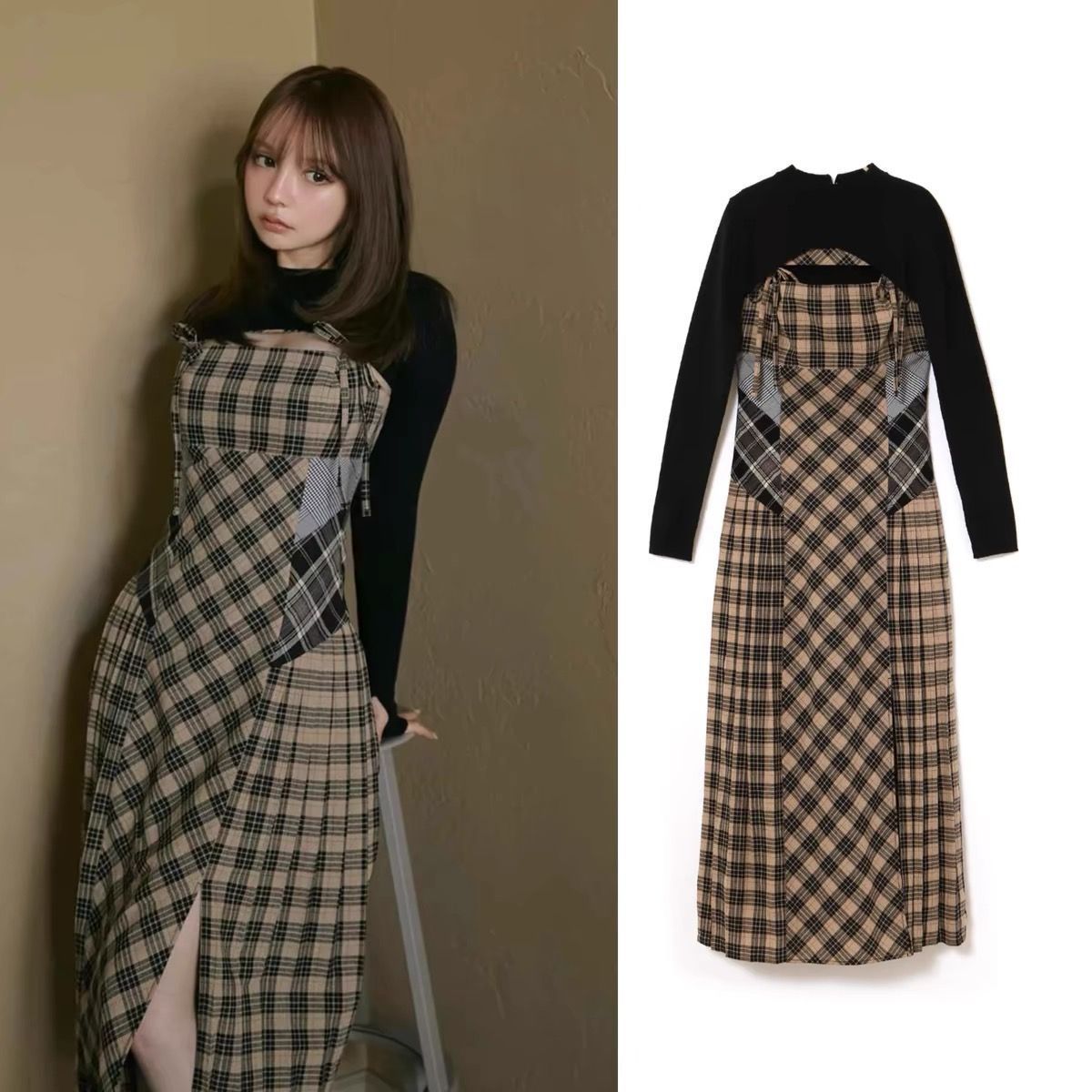 Nadia check long dress（andmary beige Nadia check check