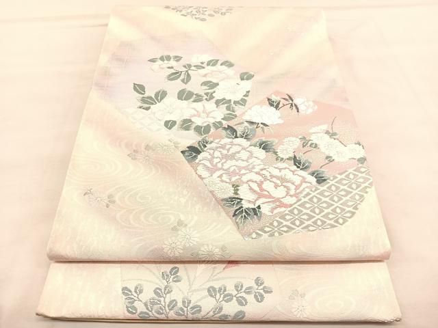 平和屋着物◎西陣 六通柄袋帯 唐織 牡丹椿文 プラチナ箔二重織