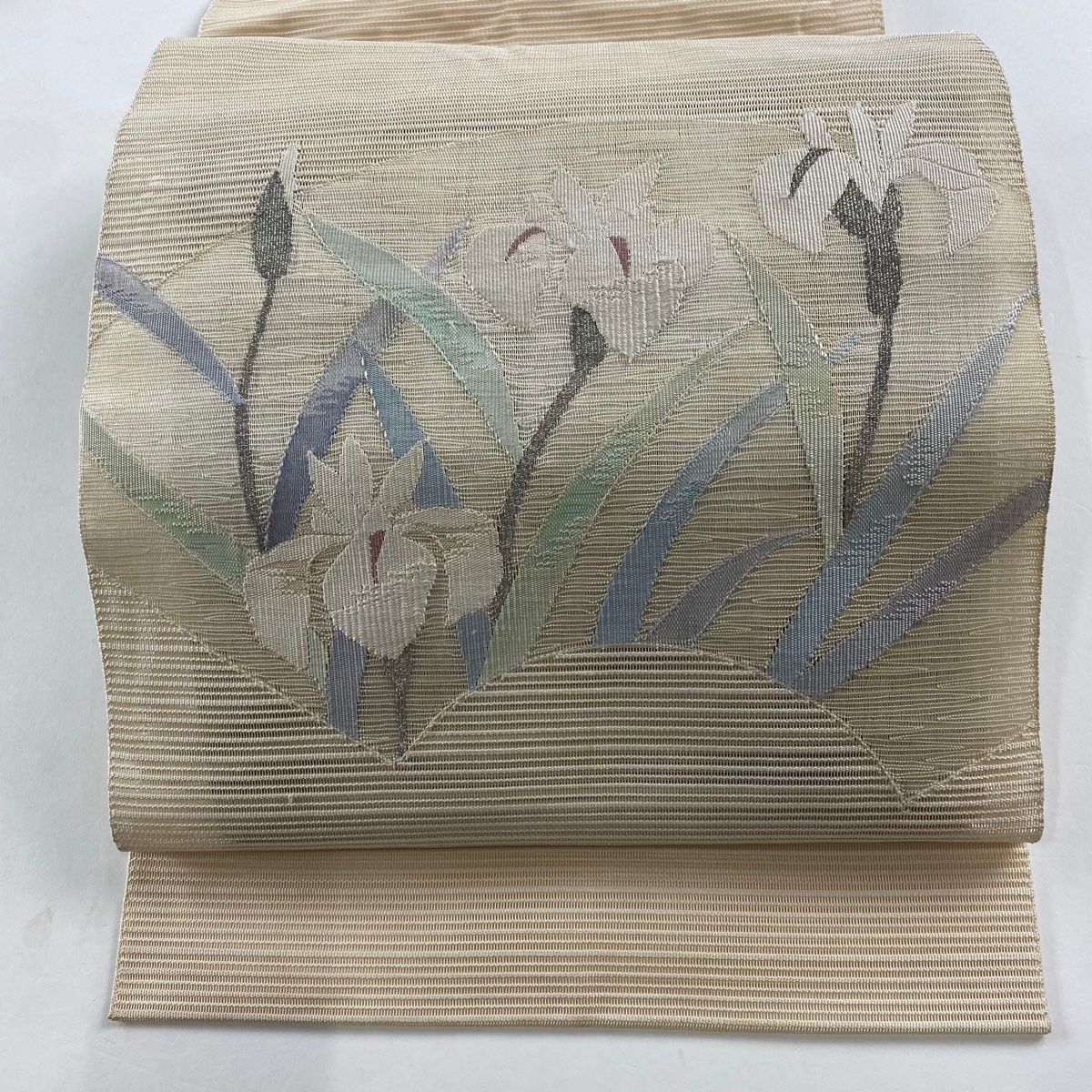 名古屋帯 秀品 八寸名古屋帯 夏帯 松葉仕立て 草花 扇面 銀糸