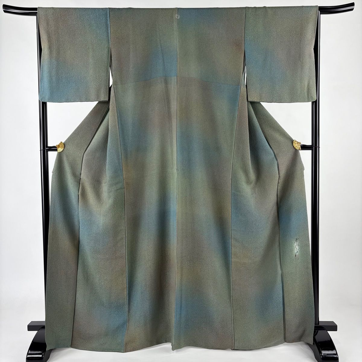 小紋 身丈166.5cm 裄丈67cm M 袷 斉藤三才 落款 地紋 ぼかし 青緑 正絹  