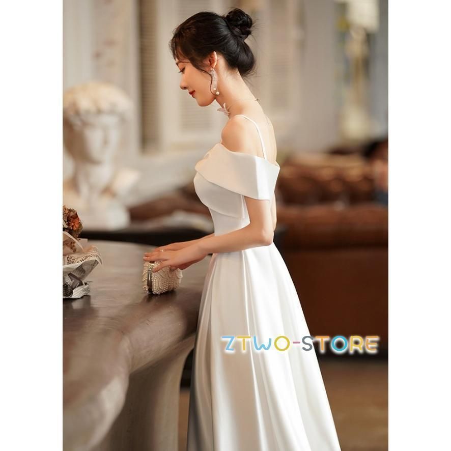 ウェディングドレス 二次会 花嫁ドレス オフショルダー ドレス ロング 大きいサイズ 3 L 4 白 ロングドレス Aライン フ リボン シンプル 登場 ダメージ加工 ミニマル