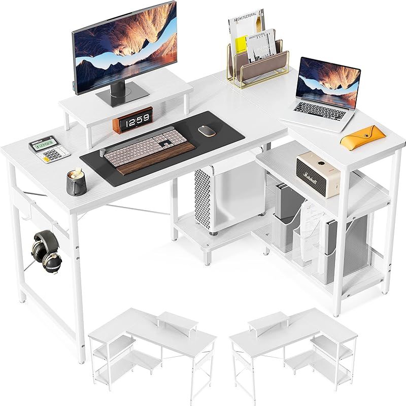 ODK パソコンデスク l字デスク ゲーミングデスク L字型 デスク 机 幅120cm ラック付き pcデスク コーナーデスク 収納 オフィスデスク 在宅勤務 書斎 組立簡単 ホワイト 0