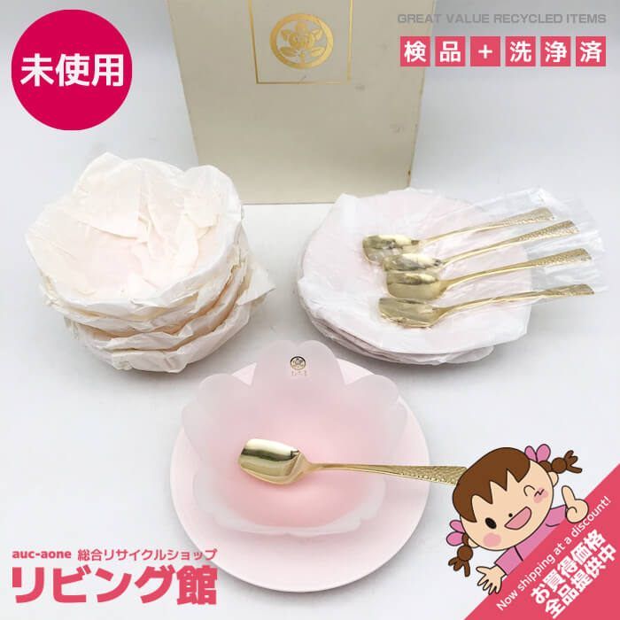 ss7297 【未使用品】 たち吉 デザートセット 5客揃え 初桜 ガラス製 