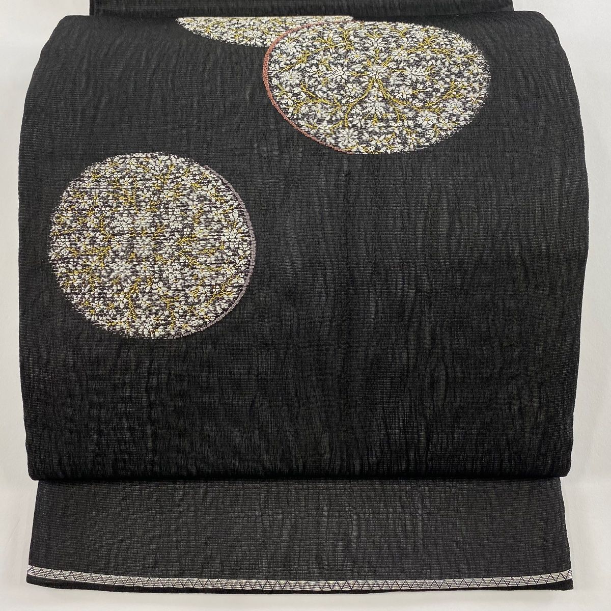 袋帯 秀品 夏帯 丸文 花 金糸 箔 黒 六通 正絹