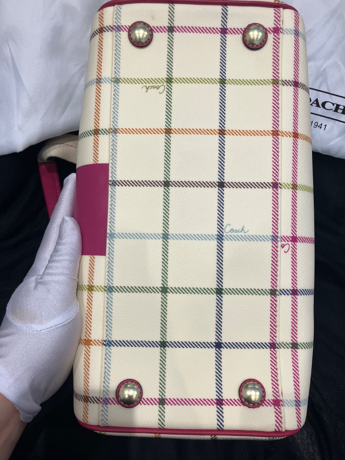 希少品】·コーチ チェックPVC ボストンバッグ アイボリー*ピンク