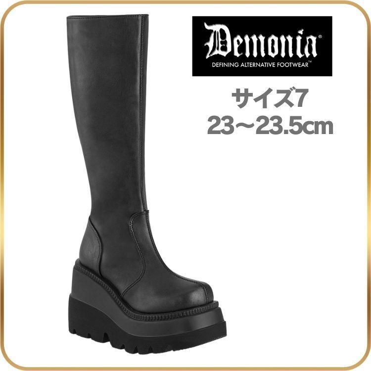 23 23.5 demonia デモニア 厚底 ブーツ ロング ロングブーツ ミドルブーツ 厚底ブーツ ウェッジソール 11.5cm ヒール 黒 ブラック 合皮 フェイクレザー ジッパー 厚底靴 ゴスロリ パンク ライブ 靴 