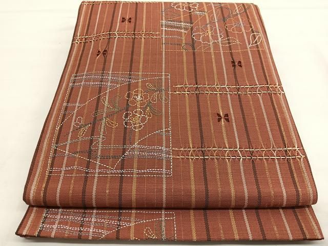 平和屋着物●太鼓柄袋帯　刺し子　リボン織　色紙花文　金糸　正絹　逸品　BAAT6773hv 平和屋着物○太鼓柄袋帯 刺し子 リボン織 色紙花文 金糸 正絹 逸品