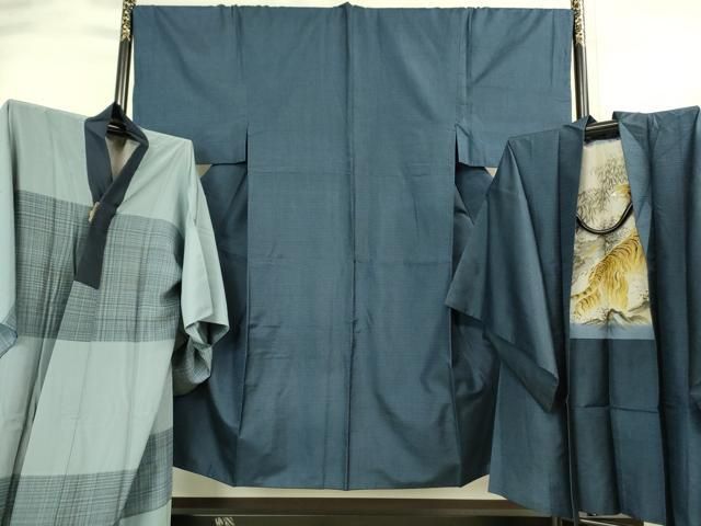 平和屋着物 上 男性 本場大島紬 アンサンブル 長襦袢 袷 長羽織セット 100亀甲 総詰め 羽裏 虎 ♥ DZAA9206kh5