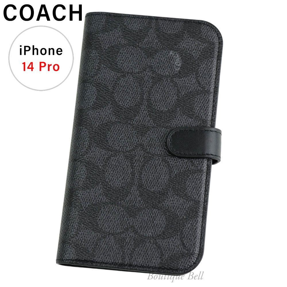 【コーチ】シグネチャーチャコール iPhone14Pro 手帳型ケース COACH】コーチ シグネチャー iPhone14Pro 手帳型ケース チャコール