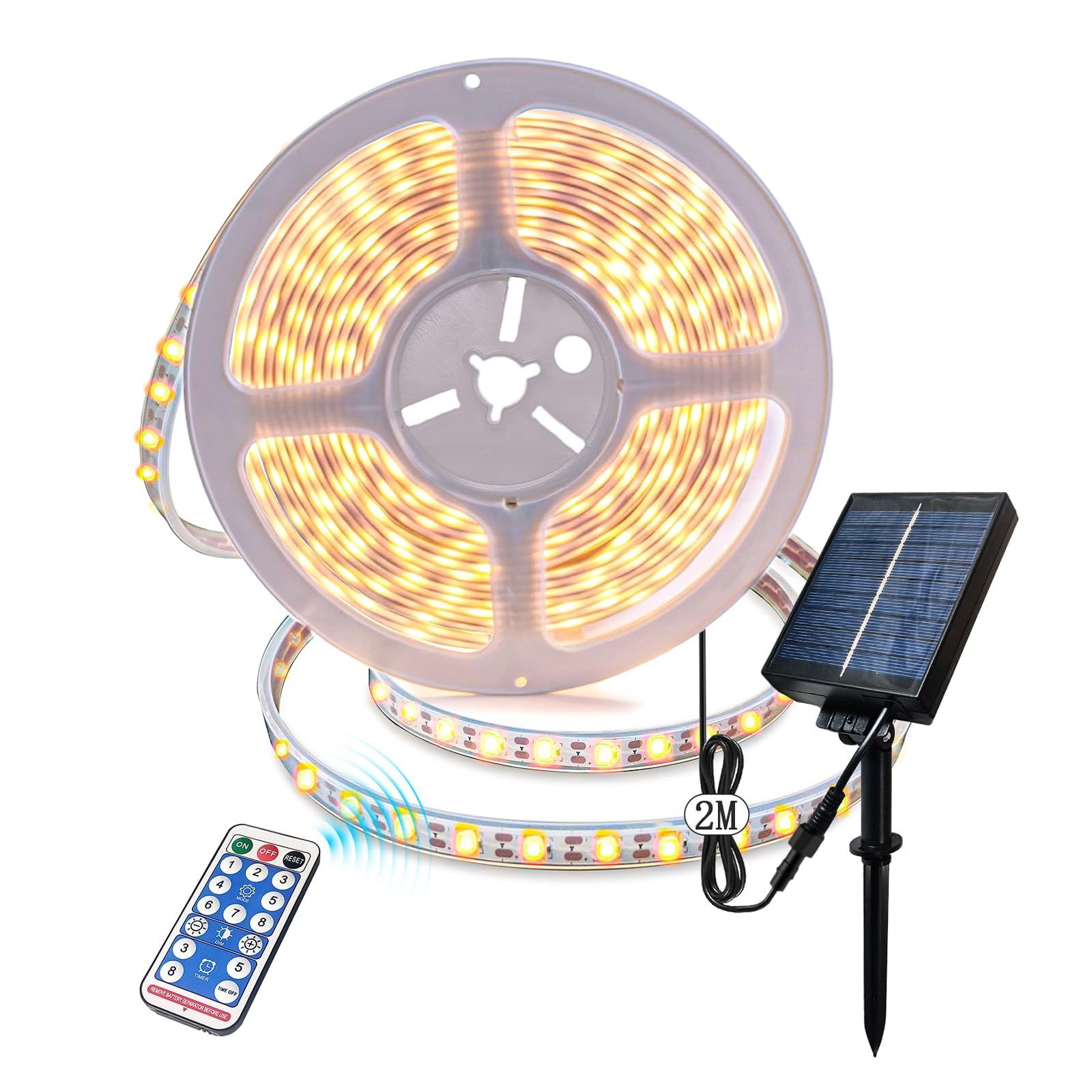 【数量限定】LED テープライト 屋外間接照明 ソーラー式 電気代0円 リモコン付き 8つ点灯モード 4段階調光 夜間自動点灯 点灯8時間 ソーラー充電式とUSB充電式 IP66防雨型 テープ長さ5ｍ(電球色