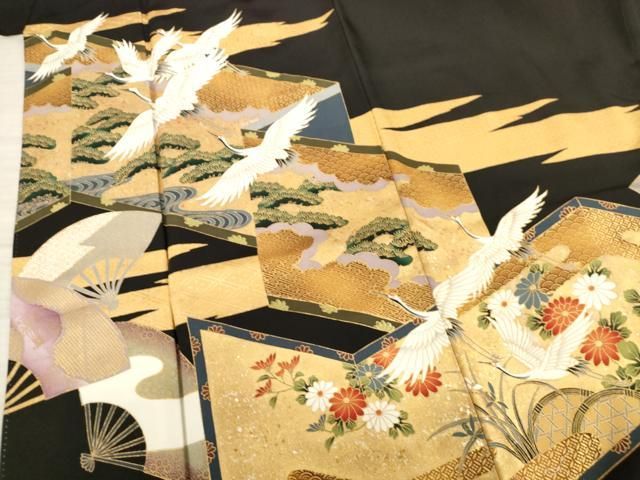 ◆豪華■正絹総絞り■吉祥飛鶴文■黒地■金彩加■振袖一式 粋古典 黒/黒ベース 吉祥文様 大人っぽい 渋い かっこいい