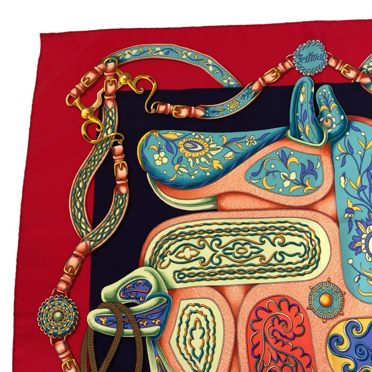 美品 HERMES エルメス Festival カレ90 レッド マルチカラー