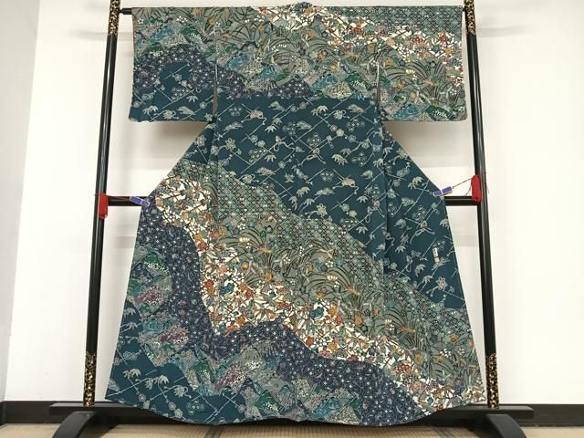 平和屋着物●西岡都巳二 紅型 訪問着 吉祥花鳥文 鬼しぼ縮緬 正絹 AAAV9018np