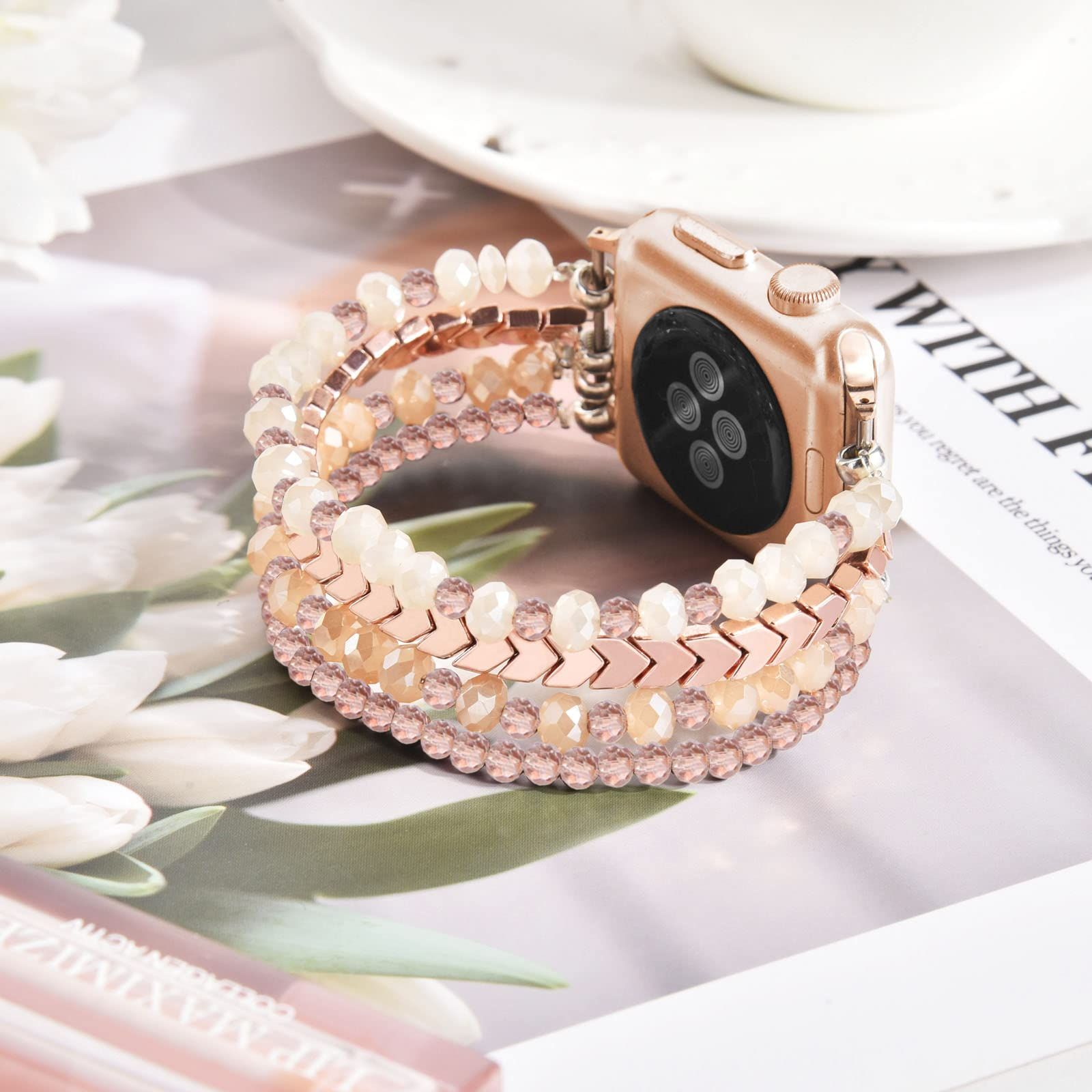 MOFREE ビーズブレスレット Apple Watch用バンド 38mm 40mm 41mm 44mm 45mm 46mm レディース ファッション [ローズゴールド] [38mm/40mm/41mm/42mm(series 10)-(5.3"-6.2")]