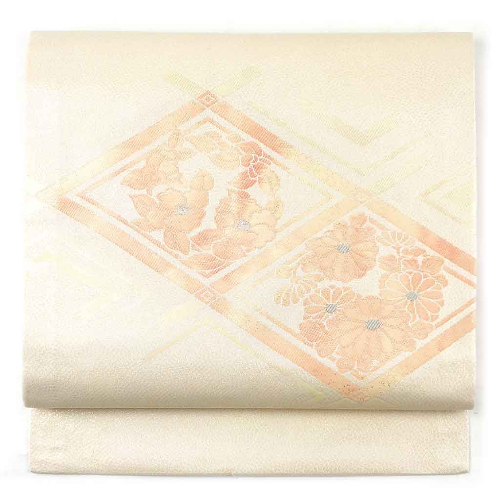 名古屋帯 幅30.5cm 長さ358cm レディース 菱形 秋冬春用 正絹 シルク ピンク ♥品 リメイク リユース リサイクル 呉服のきくや