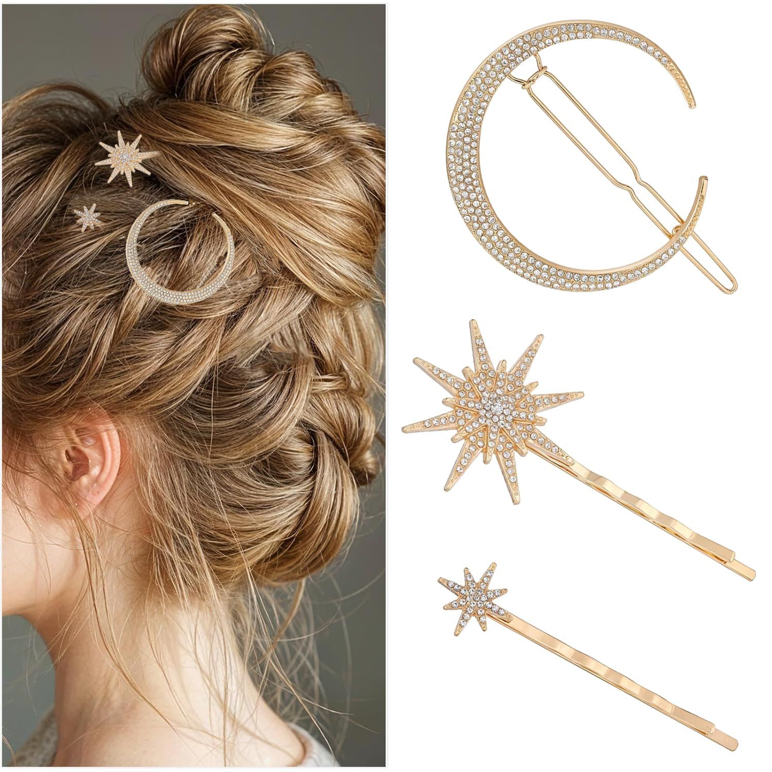 新品 Matomtak 星 月 ヘアクリップ 3本 おしゃれ ラインストーン