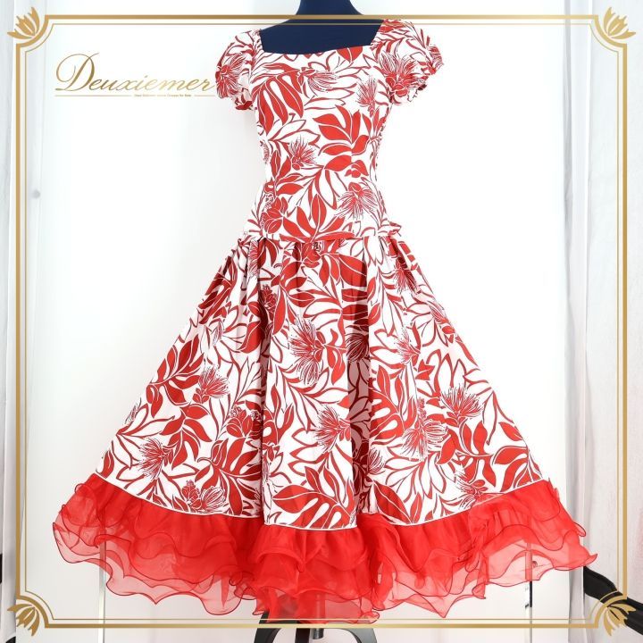 フラダンス 衣装 ツーピース ホワイト系 アロハ フラ ダンス 白 赤 花柄 セットアップ 上下セット 鮮やか アロハ フリル 華やか ハワイアン レフア柄 ALOHA STANDARDS ハワイアンプリント トップス スカート レッド系