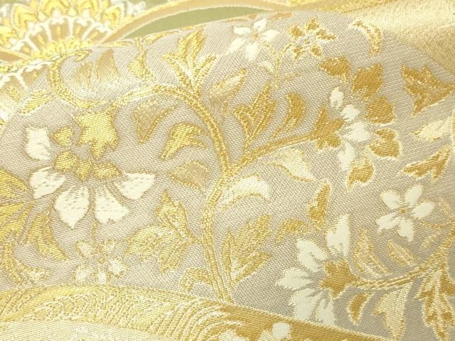 新品■正絹引き箔，ゴールド華文織り文様，六通柄袋帯 袋帯 美品 名品 本金箔 華文 向かい鳥 金糸 箔 金色 六通 正絹