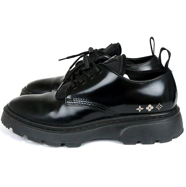 銀座店 ルイヴィトン レザーシューズ ロゴ 革靴 黒 size8 89881 