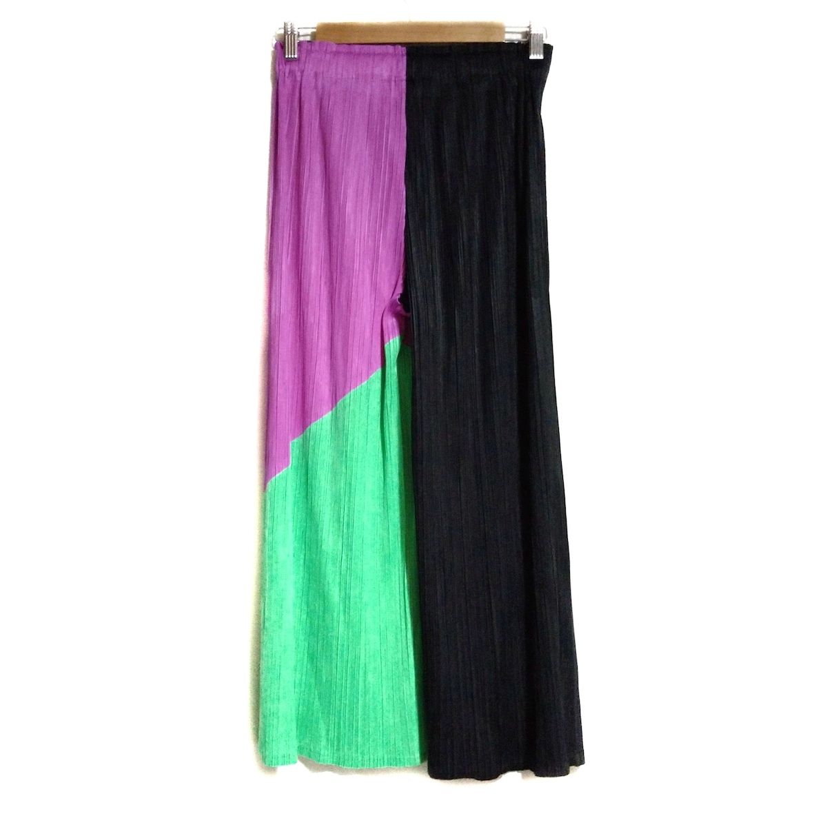 PLEATS PLEASE プリーツプリーズ パンツ サイズ2 M レディース - 黒×パープル×グリーン フルレングス 変形デザイン プリーツ
