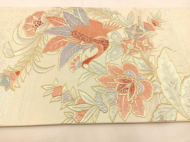 平和屋着物◎太鼓柄袋帯 唐織 更紗花鳥文 金銀糸 正絹 逸品 BAAU3083hj  