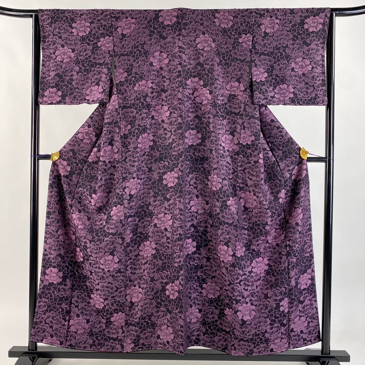 小紋 身丈155cm 裄丈63.5cm S 袷 草花 濃紫 正絹