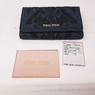 23k-675o【中古】miumiu ミュウミュウ デニム 刺繍 3つ折り財布