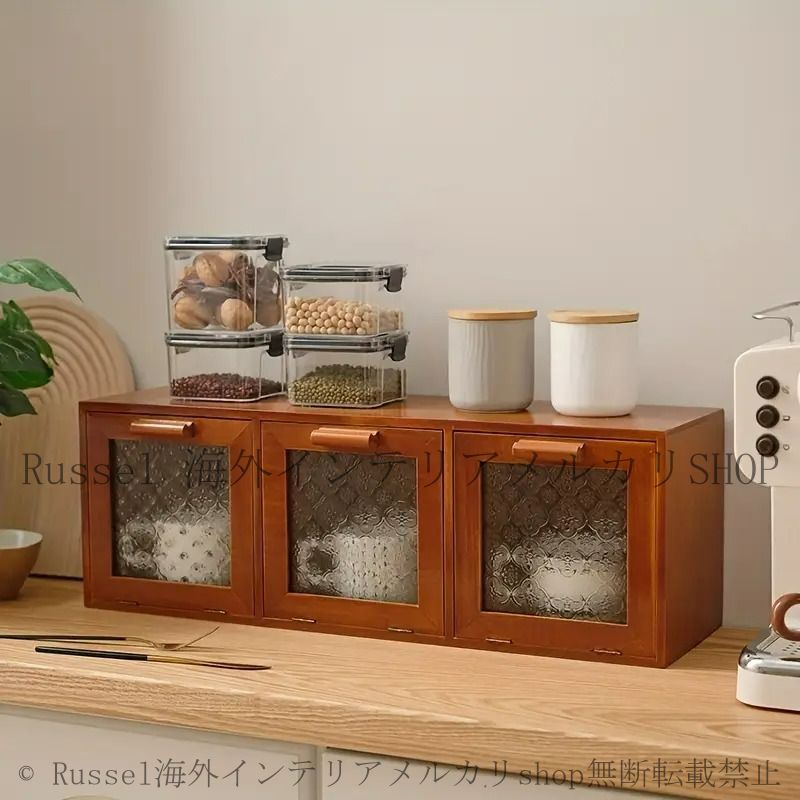 キャビネット ヴィンテージ調 無垢材 ディスプレイ レトロ調 ガラス収納 木製 シンプル オーガナイザー 引き出し付き チェスト キッチン リビング 食器棚 収納 人気 4-7