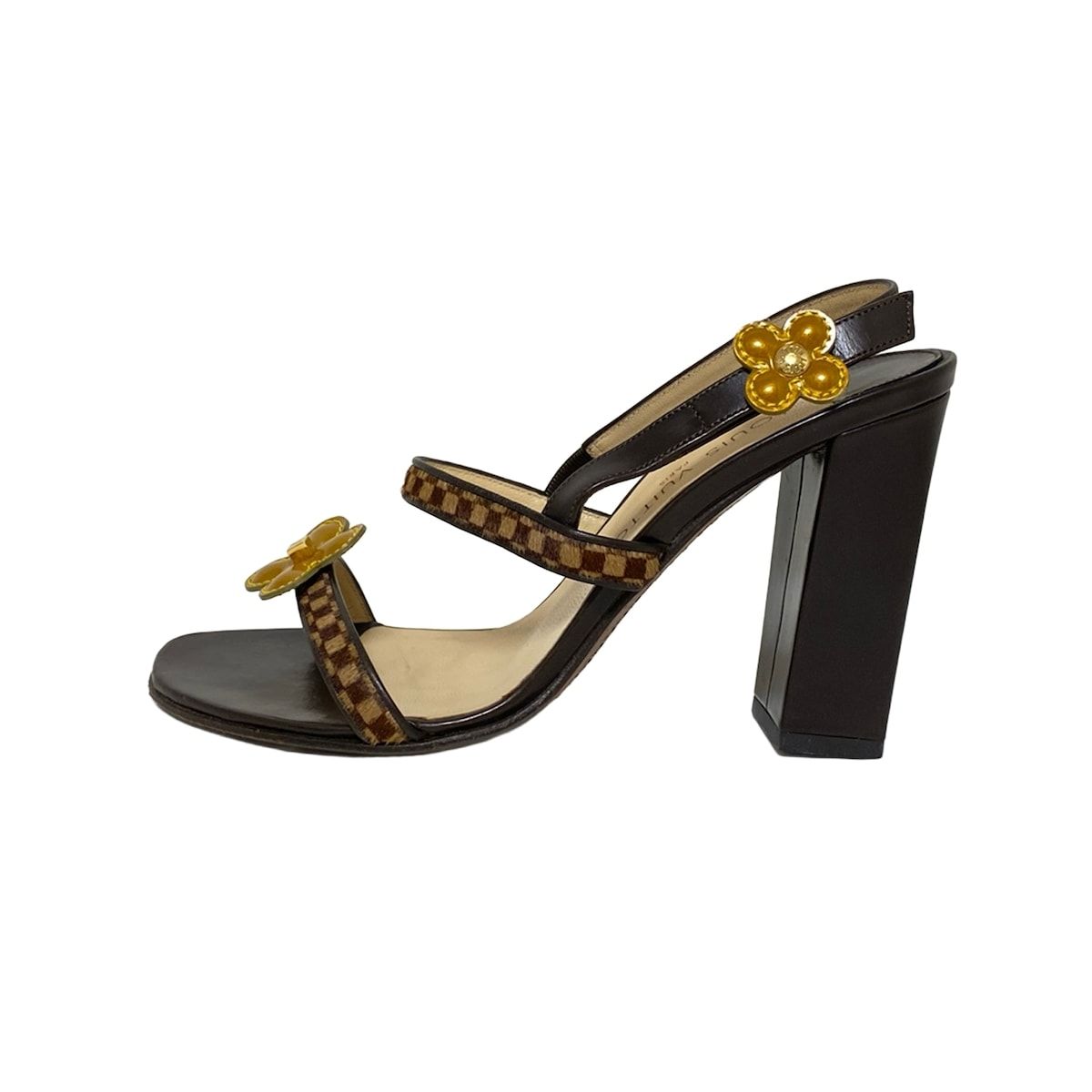 LOUIS VUITTON ルイヴィトン サンダル 361 2 レディース - ダークブラウン×ベージュ×ゴールド ダミエソバージュ フラワー レザー