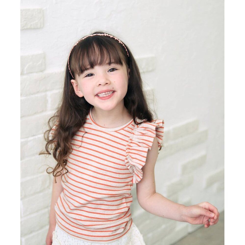 オレンジ  120cm  プリンジー肩フリル半袖カットソー キッズ Tシャツ 半袖 女の子 カットソー 73082401 半袖Tシャツ 夏服 フリル ボーダー 綿100 コットン レトロ カジュアル 可愛い おしゃれ かわ