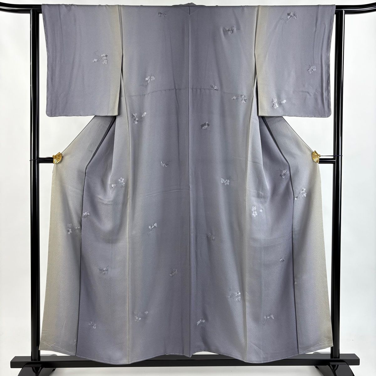 小紋 身丈155cm 裄丈63cm S 袷 草花 刺繍 ぼかし 灰紫 正絹 秀品