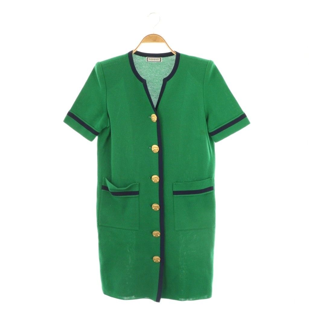 イヴサンローラン YVES SAINT LAURENT ヴィンテージ 金ボタン ニットワンピース M グリーン ネイビー ES GY53