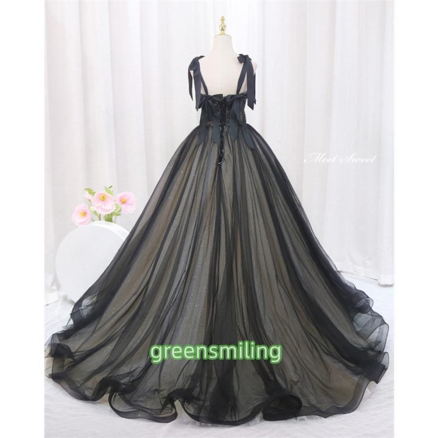 カラードレス プリンセスライン ブラック リボン 袖なし 編み上げ