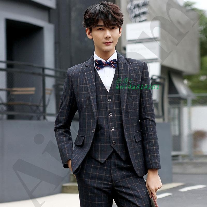 スリーピース スーツ メンズ ビジネススーツ セットアップ 結婚式 スーツセットアップ ベスト 3点セット 細身 カジュアルスーツ チェック 通勤 kni4a314161