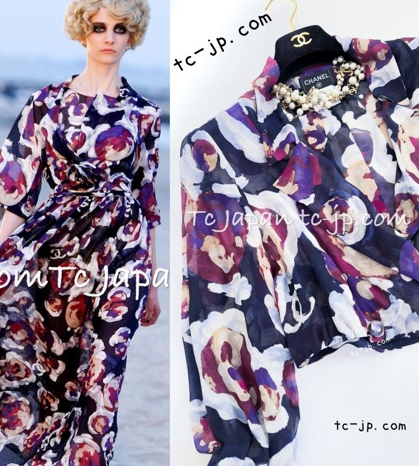 シャネル ブラウス CHANEL 美しい絵画 ネイビー カメリア柄 フラワー シルク100 美人見え ジャケット カーディガン 38 カメリア ブローチ付 シャネル ブラウス CHANEL 美しい絵画 ネイビー カメリア柄