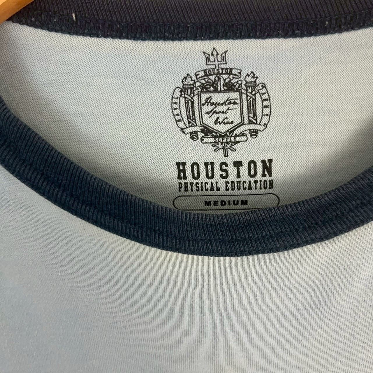 HOUSTON ヒューストン リンガーTシャツ ミリタリープリント キャラクタープリント 半袖 ブルー Mサイズ メンズ 古着 ストリート アメカジ