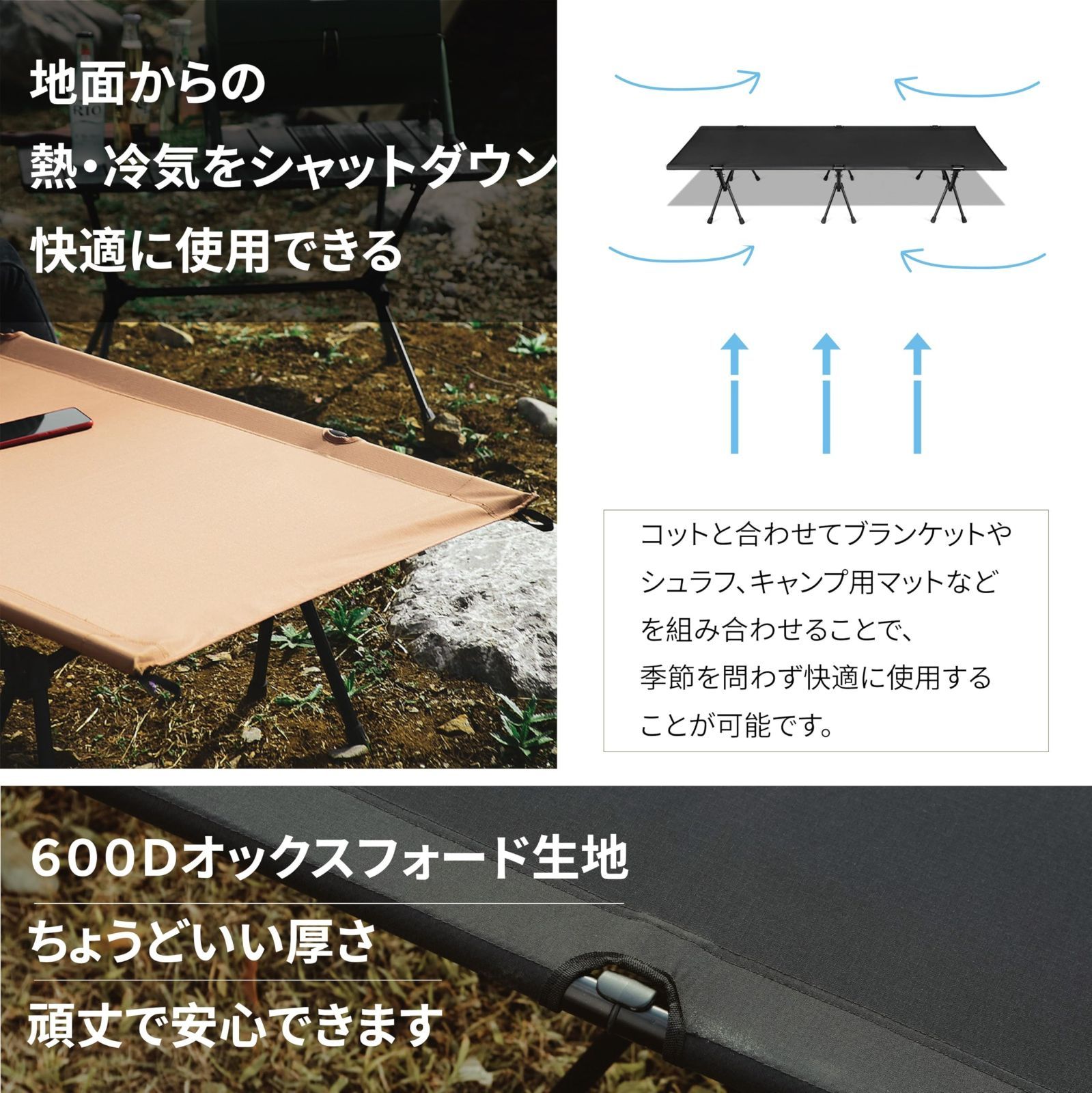 耐荷重150kg 快眠 初コット 自宅用 車中泊 (ブラック【無印版】) 防災