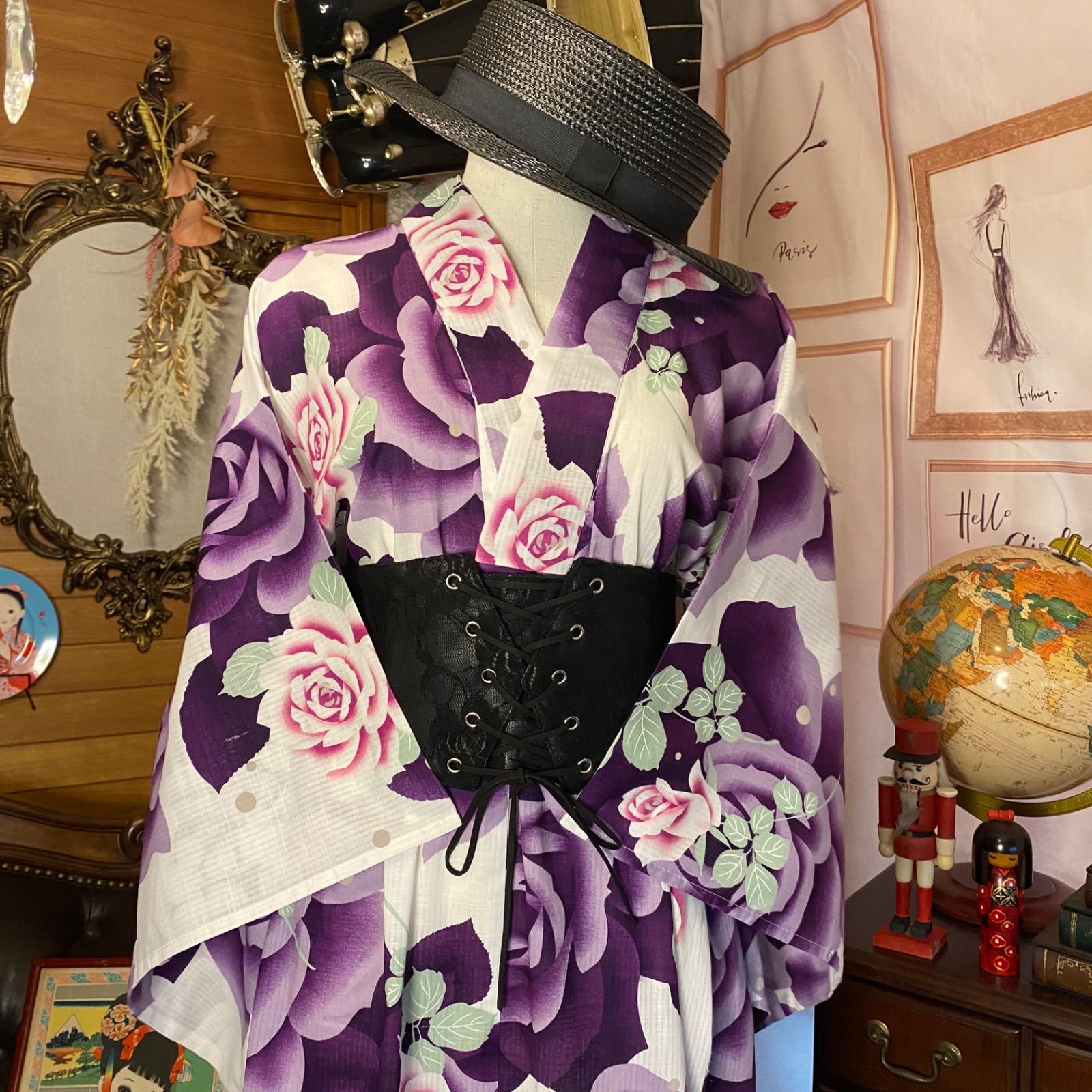 ハンドメイド 紫と黒の花柄ドレスとチュールスカート ハンドメイド 紫と黒の花柄ドレスとチュールスカート