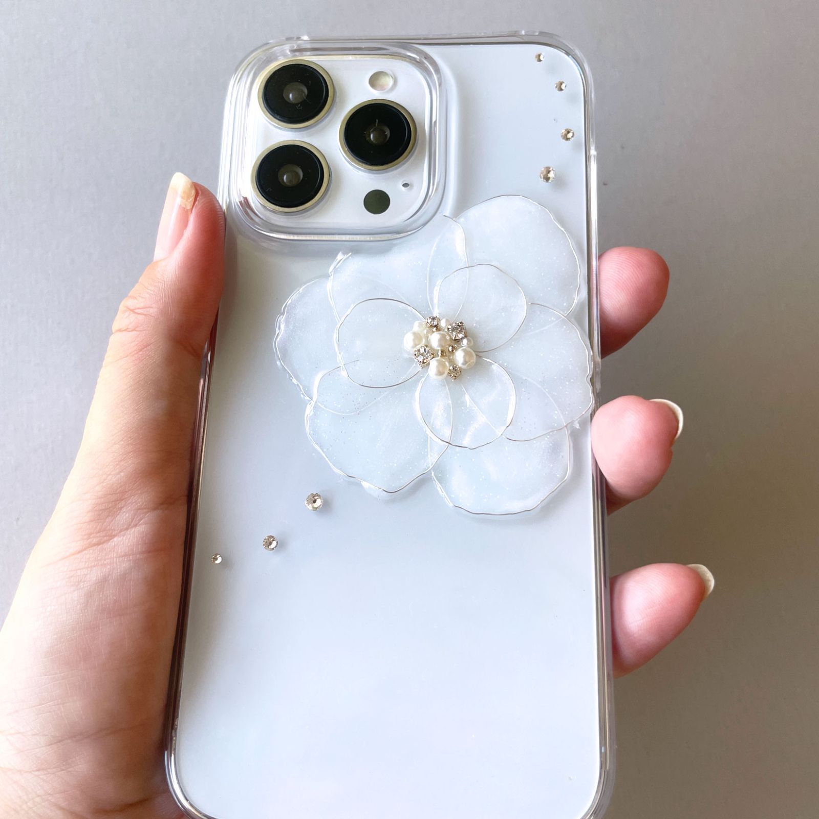 韓国風カメリアスマホケース ホワイトデコ iPhone/Xperia/Galaxy 
