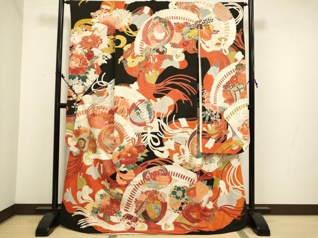 平和屋本店●アンティーク 大正ロマン お引きずり お引き摺り 引き振袖 和装 衣装 駒刺繍 檜扇吉祥花鳥文 黒地 金彩 DAAX8001du