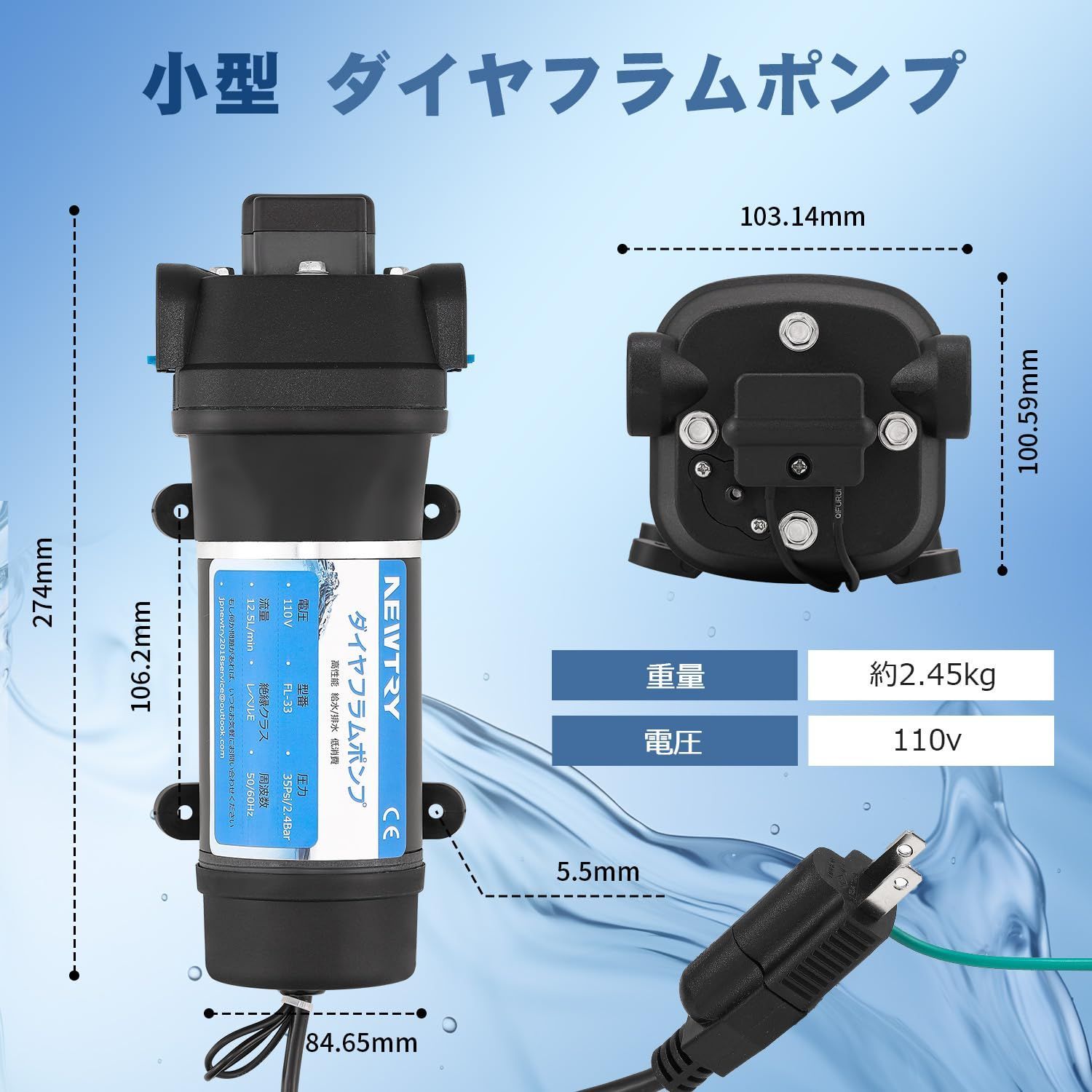 NEWTRY ダイヤフラム水ポンプ 給水 排水ポンプ 水ポンプ 圧力スイッチ 自吸式ポンプ ミニチュア 12.5L/min (110V) - メルカリ