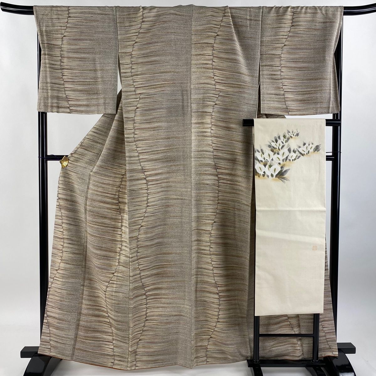 小紋 身丈162cm 裄丈69cm L 袷 名古屋帯セット 縞 よろけ縞 薄茶色 正絹 秀品 【】