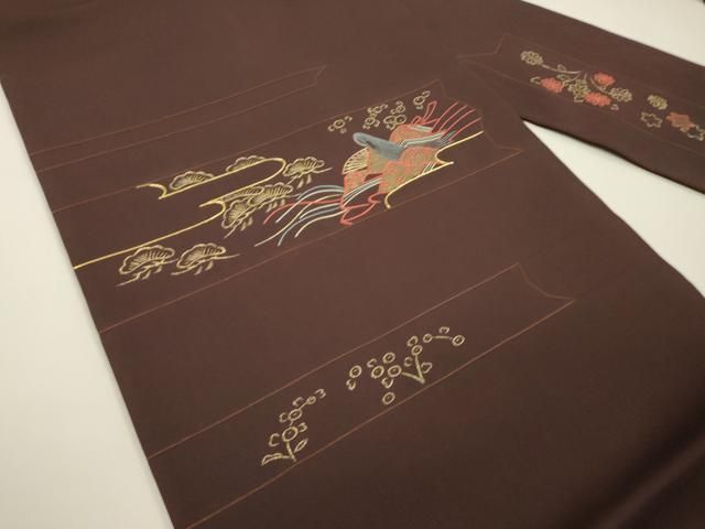 平和屋着物▽塩瀬 九寸名古屋帯 駒刺繍 総刺繍 女人文 金糸 黒鳶色  