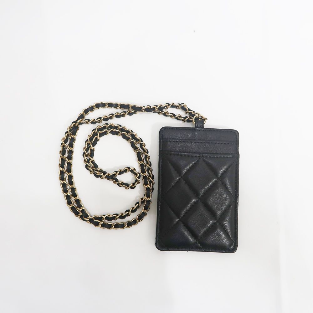 名東 シャネル ラムスキン AO1745 GD金具 ココマーク チェーンストラップ カードケース レディース