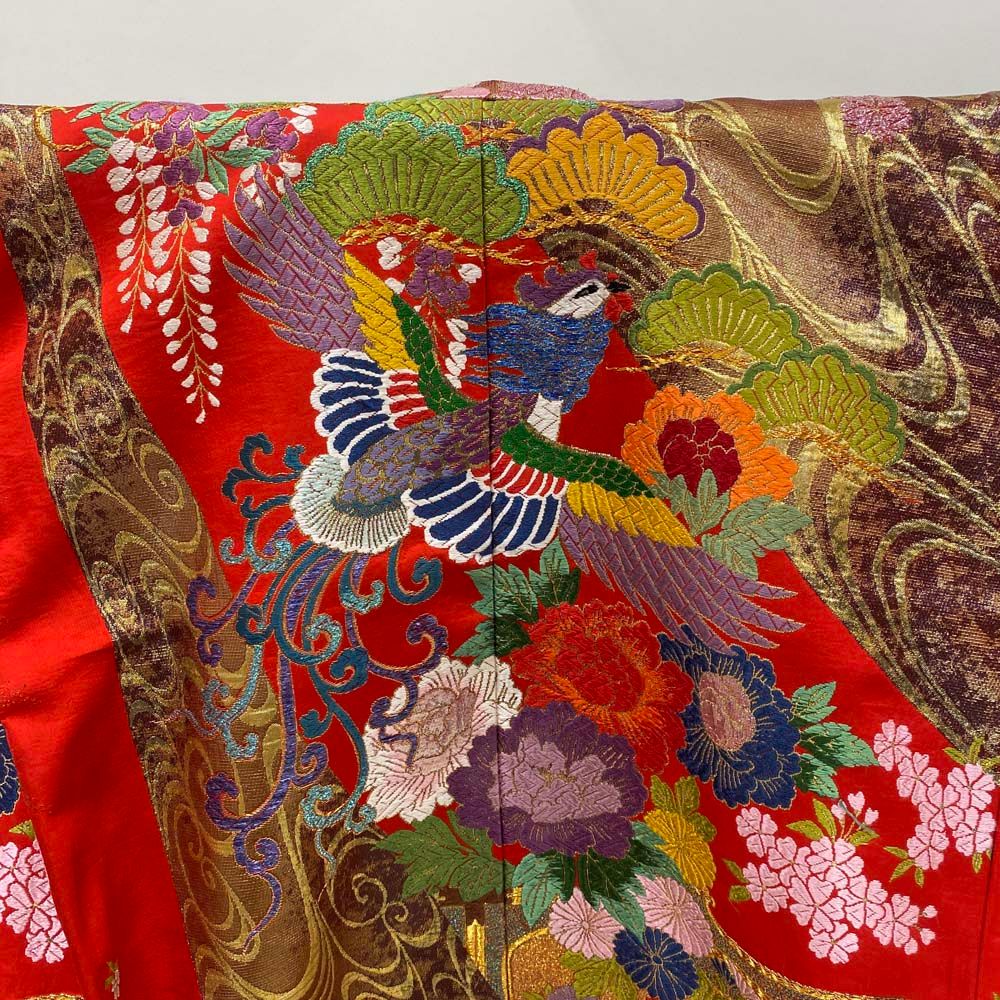 色打掛 正絹 鶴 刺繍 金 赤 打掛 Mサイズ 裄66 花嫁衣裳 婚礼 色打掛 正絹 鶴 刺繍 金 赤 打掛 Mサイズ 裄66 花嫁衣裳 婚礼