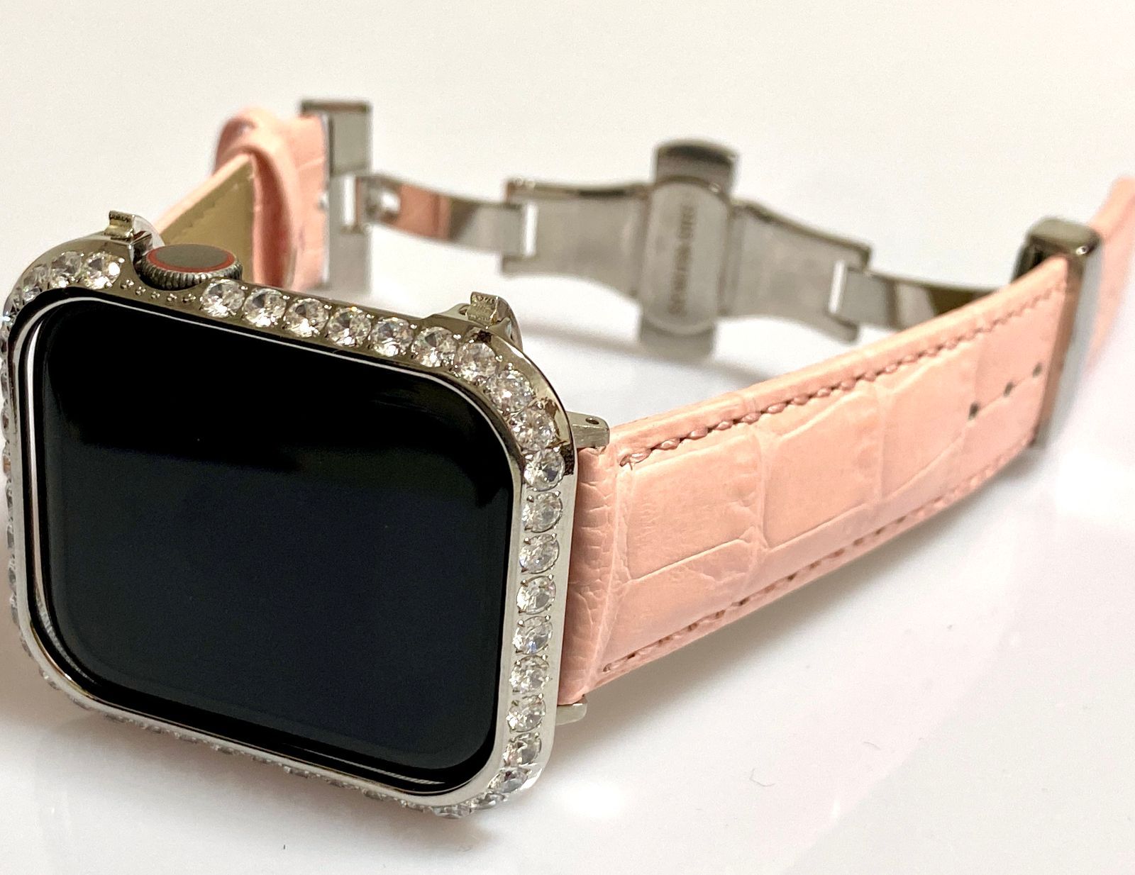 ピンクシルバー★アップルウォッチバンド レザーベルト Apple Watch キラキラ　カバー　ケース  メンズ レディース  40mm 41mm 44mm 45mm レザーベルト
