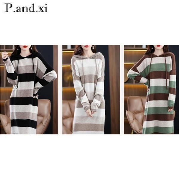 クーポンで50％OFF！ワンピース ニットワンピース パーカーワンピース プルオーバーニット ボーダー柄 太ボーダー 配色 ドロップショルダー ミモレ丈 ワンピース ニットワンピース パーカーワンピース プルオーバーニット